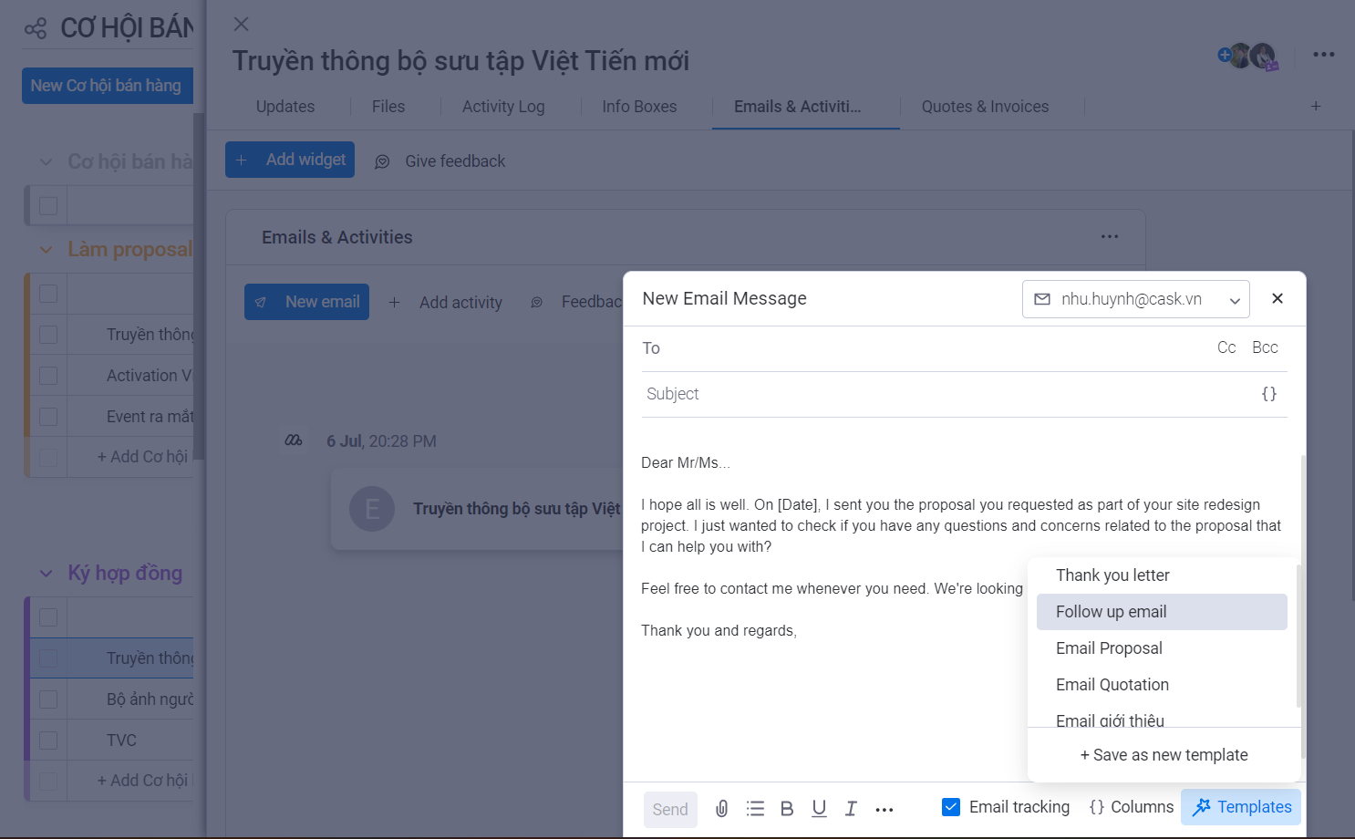 Email follow up khách hàng trực tiếp trên hệ thống